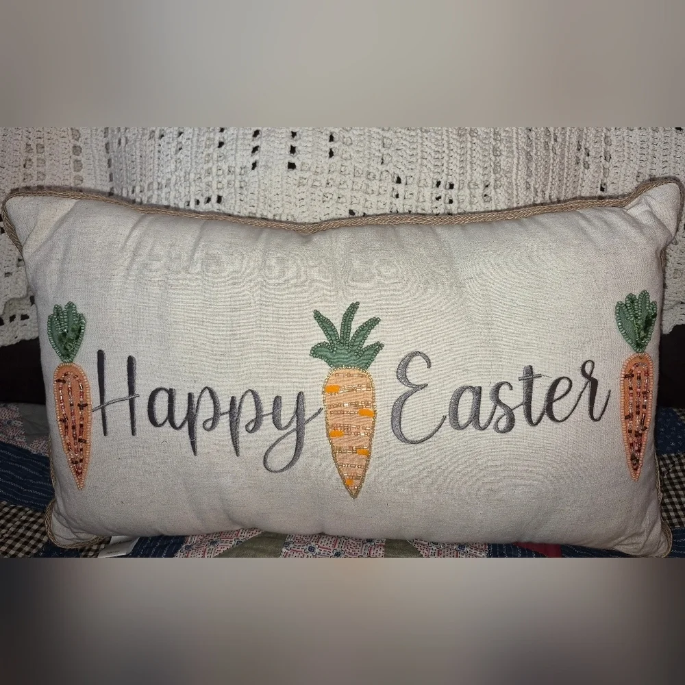 Set of 2 EASTER PILLOWS, 3D BUNNY W/ SEWN ON FLOWERS & BEADED CARROTS PILLOW